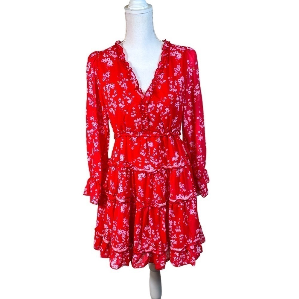 KULTIVATE Floral V Neck Tiered Ruffle Dress Open Back NWT